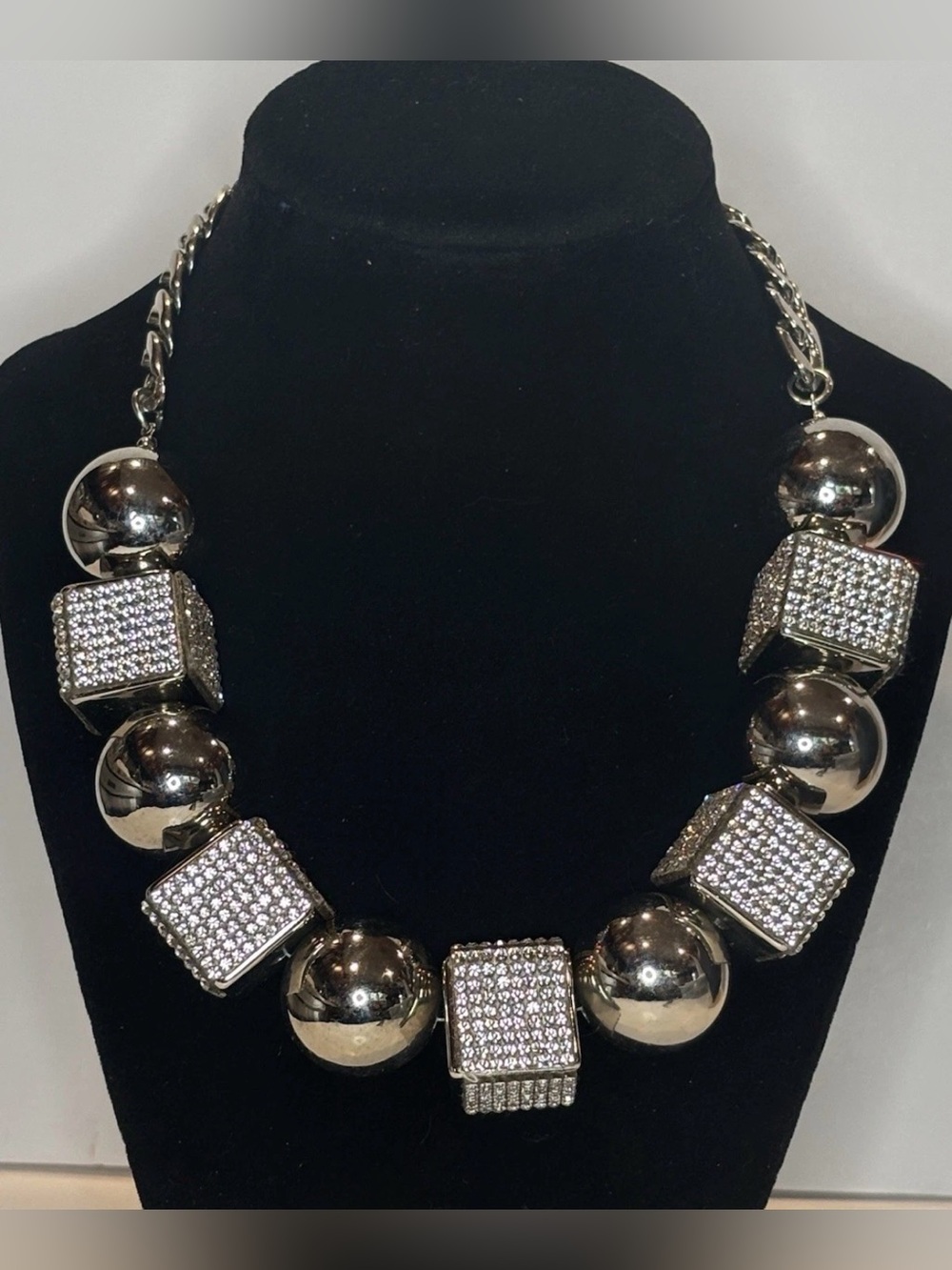Save The Queen Silver Tone Pave Rhinestone Cube Runway Statement Necklace 21”